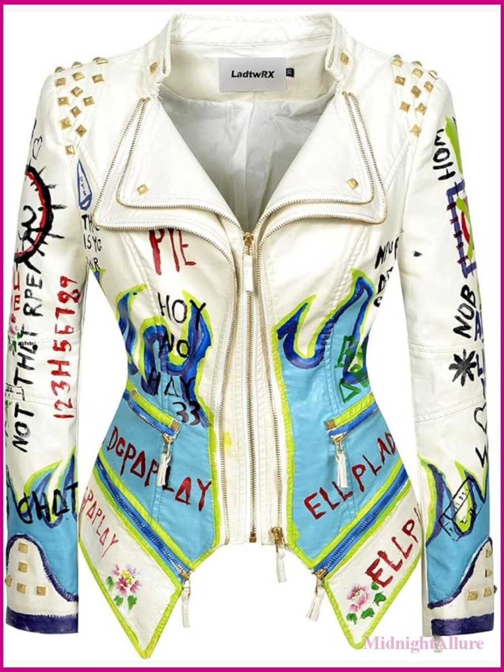 Hand Painted Graffiti Studded Rivet Moto Lady Fit Jacket Zip-up Slim PU Biker